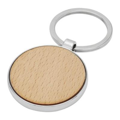 Porte-clés rond en bois de hêtre avec habillage métallique